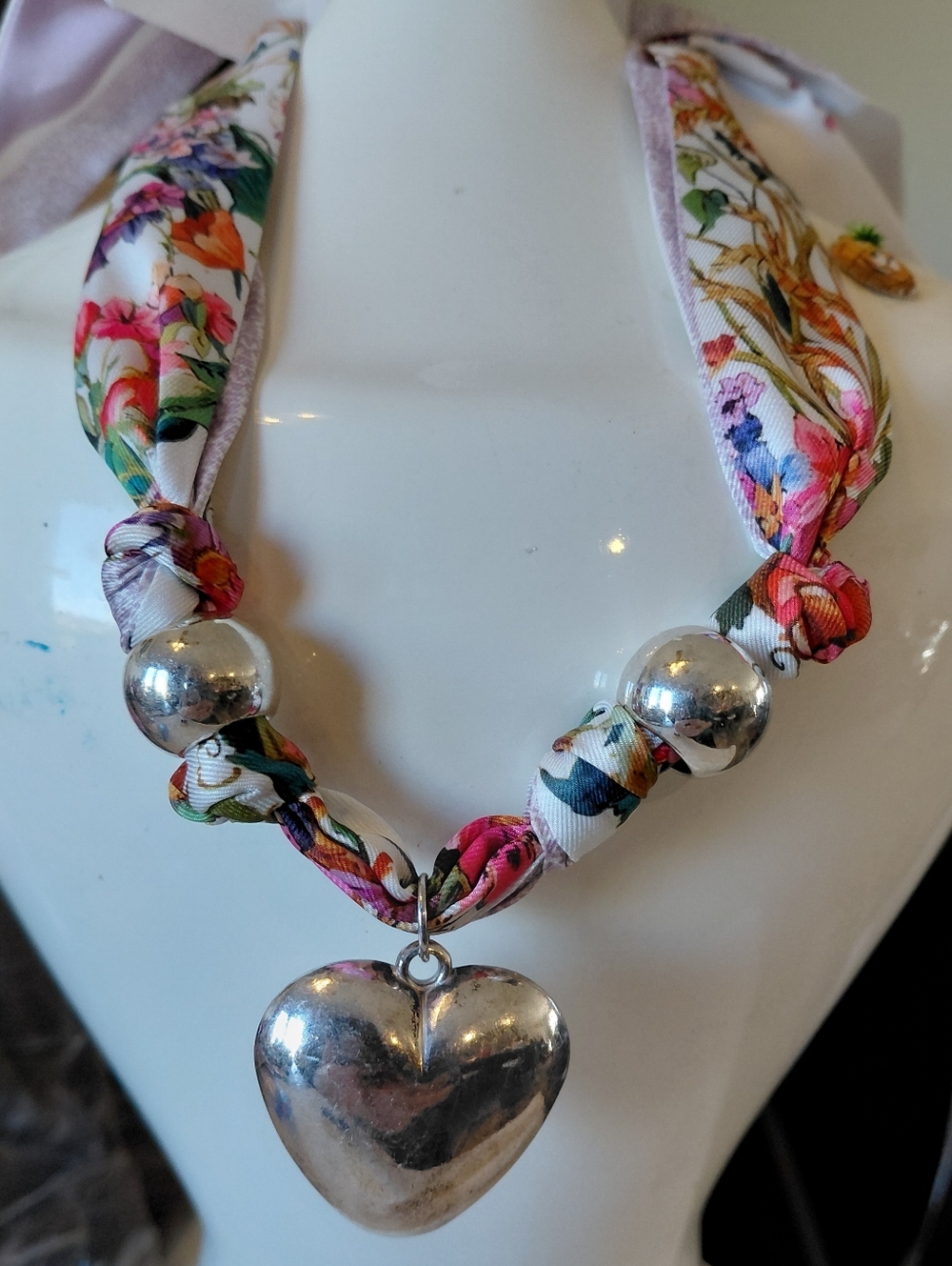 Floral Pink Multi Scarf Necklace with Silver Heart Pendant